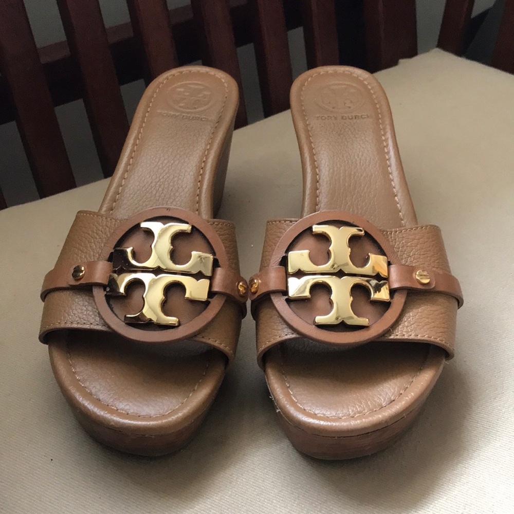Tory Burch Tan + Gold Patty Heeled Wedges 2.5”